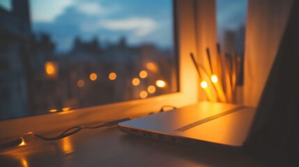 Cozy Home Office with Natural Light and Glowing Accents