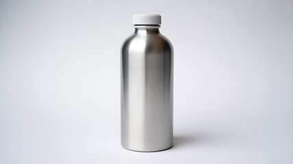 Metallic bottle with white cap on neutral background for packaging or industrial product mockup
