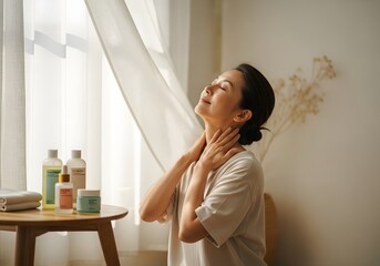 Serene Asian Woman Practicing Self-Care with Skincare Products in Tranquil Home Setting