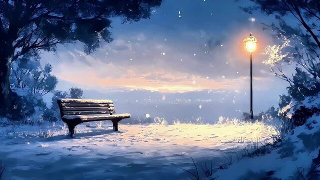 Serene winter scene with a wooden bench under glowing streetlight at dusk.