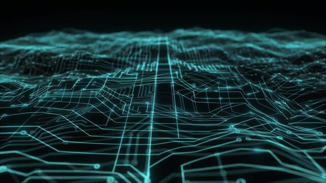 Abstract circuit topography landscape with layered glowing microchip lines and animated terrain flow in seamless tech loop