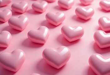 Obraz premium Multiple rows of glossy soft pink heart shapes arranged in neat pattern on pink backdrop