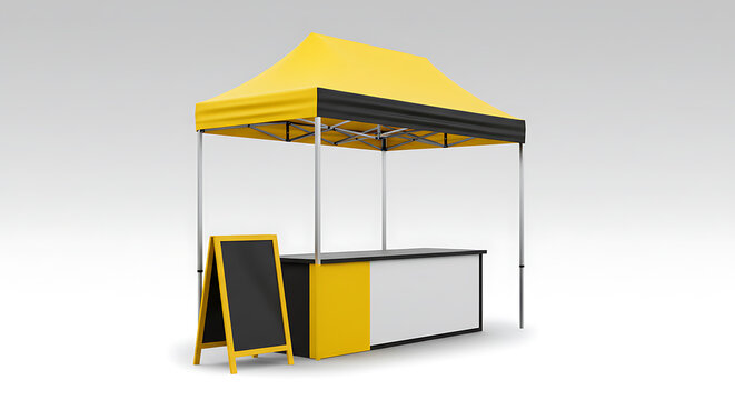 Editable pop up canopy stall mockup with yellow black theme and blank board for promotional design
