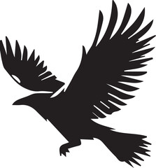 Silhouette of a Flying Raven with Wings Spread Against a White Background Symbolizing Freedom and Wildlife
