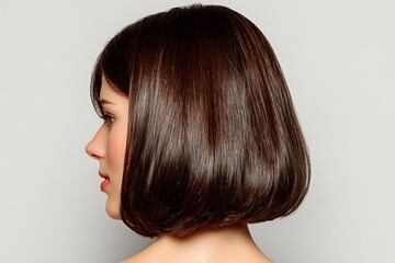 Fototapeta premium , Shoulder-Length Haircut In Dark Brown, Featuring A Clean Side Part And Smooth Straight Texture. The Ends Are Blunt Cut For A Sharp And Professional Look. The Hair Falls Even