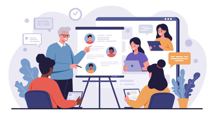 A teacher presents to students in a virtual classroom setting