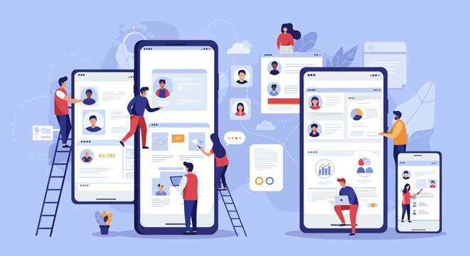 Stylized illustration of people interacting with large smartphone screens showing profiles and data