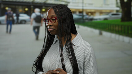 Woman with curly hair and red glasses stands outdoors on an urban street expressing a confused...