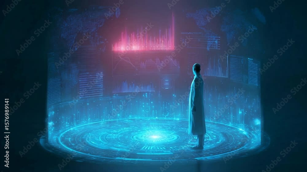 Poster scientist exploring futuristic data visualization interface