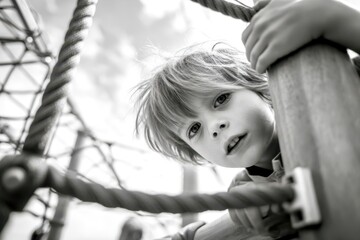 A young boy is playing on a playground, climbing through a rope net