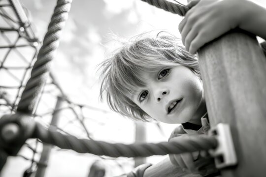 A young boy is playing on a playground, climbing through a rope net