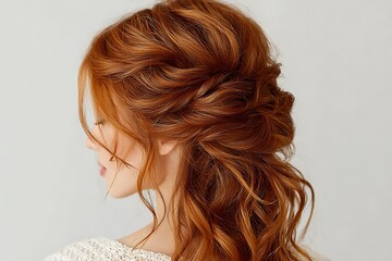 Obraz premium Half-Up, Half-Down Twisted Hairstyle Created With Medium-Length Chestnut Hair. The Top Section Is Twisted And Pinned Elegantly, While The Remaining Hair Flows In Soft Curls. The Loo