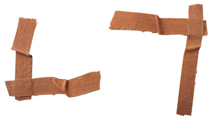 Corners of rectangle made from brown adhesive bandage tape strips on transparent background. Torn ripped fabric crumpled tape design element for border, frame concept