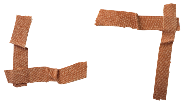 Corners of rectangle made from brown adhesive bandage tape strips on transparent background. Torn ripped fabric crumpled tape design element for border, frame concept