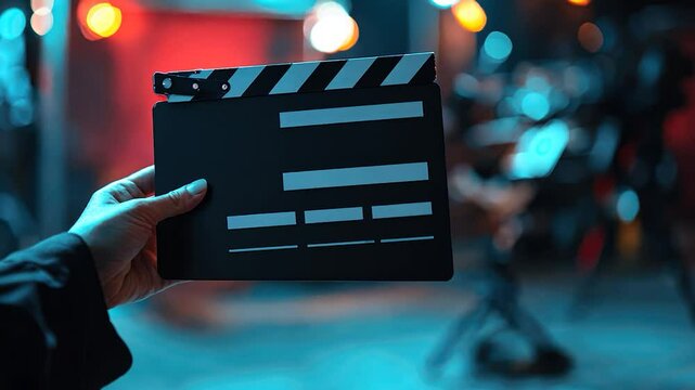 A hand holds a film clapperboard, signaling the start of a movie scene in a vibrant setting.