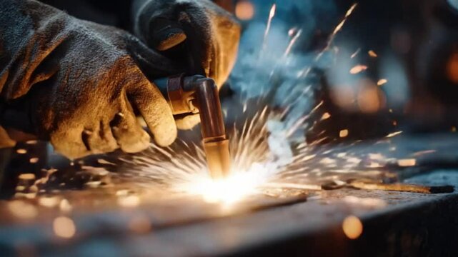 Metal Work: An artisan welds metal with precision, sparks flying, in a detailed and compelling capture, showcasing the intense focus and artistry of the trade.
