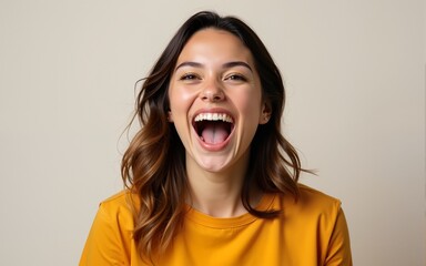 Excited screaming young woman. High quality