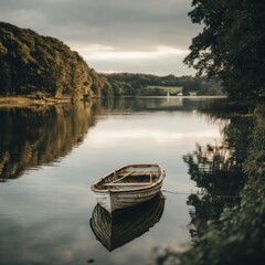 Obraz premium A serene lake scene featuring an empty rowing boat.