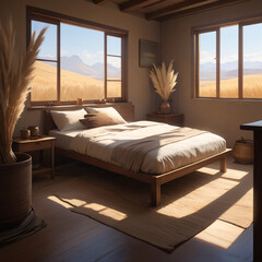 Minimalist Bedroom with Low Wooden Bed and Night Lamp