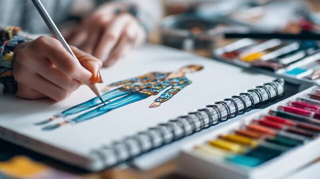 Fashion Designer Sketching: Close-up view of a fashion designer's hands skillfully sketching a floral patterned dress design on a sketchbook, surrounded by art supplies.
