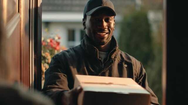 Delivery Happiness: A smiling delivery person hands a package to a customer at their doorstep, symbolizing reliable and friendly service. 