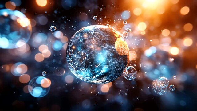Abstract glowing earth in space with floating bubbles for science and technology