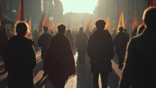 March of Shadows: A diverse gathering of shadowy figures marches forward amidst fluttering flags on sunlit pavement.