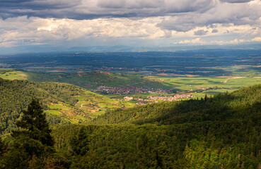 Versant des Vosges, coteaux viticoles, villages alsaciens et plaine d'alsace vu depuis le masif des Vosges, Alsace, CEA, Grand Est, France