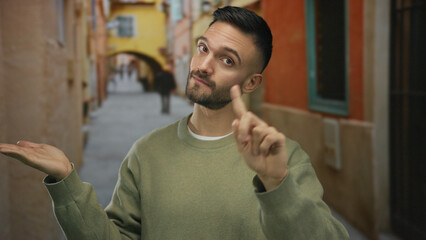 Young man gesturing on a colorful narrow street in an old urban town, expressing negation with his...