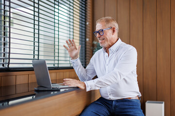 Mature business man executive coach talking using laptop computer having video conference call...