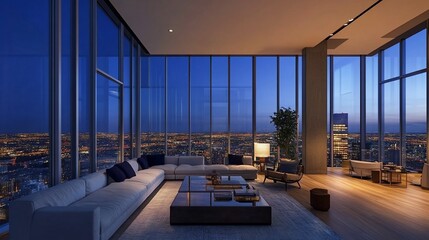 Luxury penthouse apartment interior with stunning cityscape views at night
