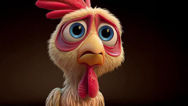 Colorful cartoon chicken character with large expressive eyes and fluffy feathers, showcasing a whimsical design, perfect for children's media and playful storytelling