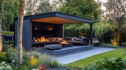 Elegant Outdoor Living Space with Modern Fire Pits and Lush Landscaping