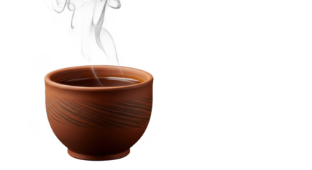 Steaming cup of hot beverage in a clay mug isolated on white isolated on transparent background