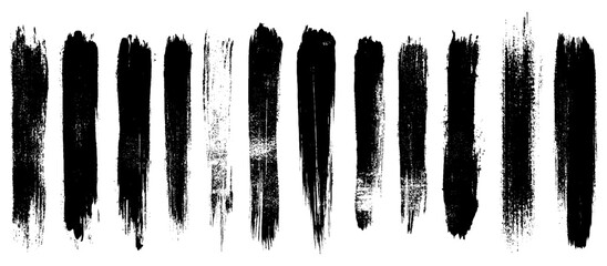 Straight line vector brush strokes. Black hand drawn stripes, smears. Chinese or Japanese calligraphy brushstrokes set. Rough grunge thick paint line texture. Vector sketch rectangle text boxes. 