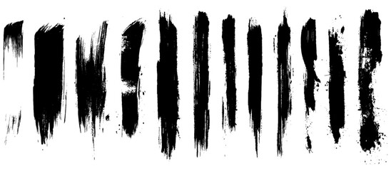 Straight line vector brush strokes. Black hand drawn stripes, smears. Chinese or Japanese calligraphy brushstrokes set. Rough grunge thick paint line texture. Vector sketch rectangle text boxes. 