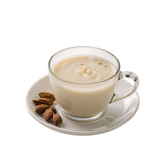 Fototapeta premium Creamy almond milk latte art in a glass mug with almonds on white saucer background nutrition on transparent background
