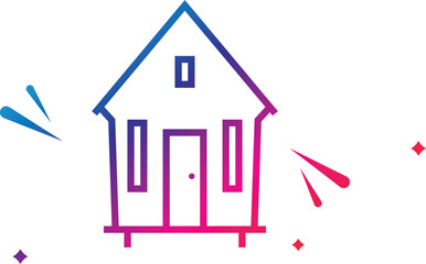 Small house building exterior. Country cottage, home with gabled roof, door, windows, green plants outdoors. Countryside rural real estate.