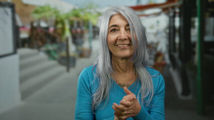 Grey-haired woman clapping hands outdoors on a vibrant street, expressing happiness and positivity,...