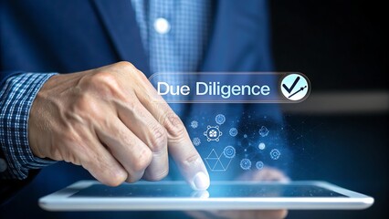 Performing Due Diligence: Hand on Tablet with Checkmark, Illustrating Technology, Business Analysis, and Comprehensive Investigation for Smart Decision-Making.