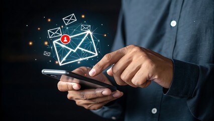 Person checking digital communication on mobile device, illustrated envelopes represent connection and information flow.