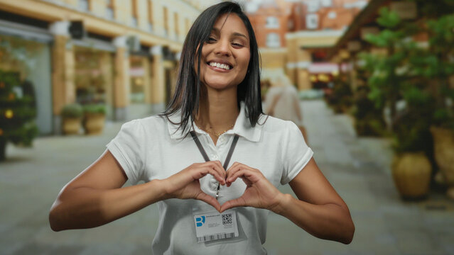 Woman with dark hair smiles while making a heart symbol with her hands on a vibrant street backdrop, exuding joy and connection in a lively urban environment.
