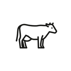 Obraz premium A stark simple black vector outline graphic shows the full profile of a farm cow or bovine on a solid white background, concept for sustainable farming practices, organic food production labels