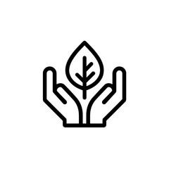 Abstract vector line drawing icon of two human hands carefully cupping a simple green leaf structure, concept for eco-friendly business, health wellness promotion, and natural resources management