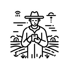 Black and white outline vector icon illustrating farmer with smartphone in advanced agricultural setting, concept for digital agriculture platforms, rural connectivity solutions, and modern farming