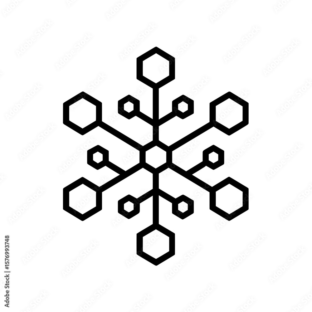 Poster clean, geometric outline rendering of an intricate hexagonal snowflake symbol on a plain white backd