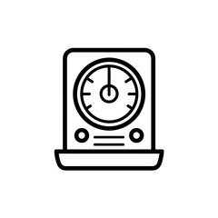 Clean simple graphic linear outline icon illustrating a vintage style kitchen scale or timer with a circular dial and controls below, concept for kitchen appliance catalogs, baking measurement