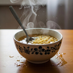 A steaming bowl of instant noodles on a wooden table.
