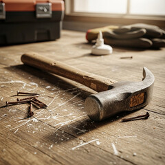 Close-up of hammer and nails on a wooden surface, alongside tools.