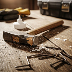 A weathered hammer, nails, and tools on a rustic wooden workbench.